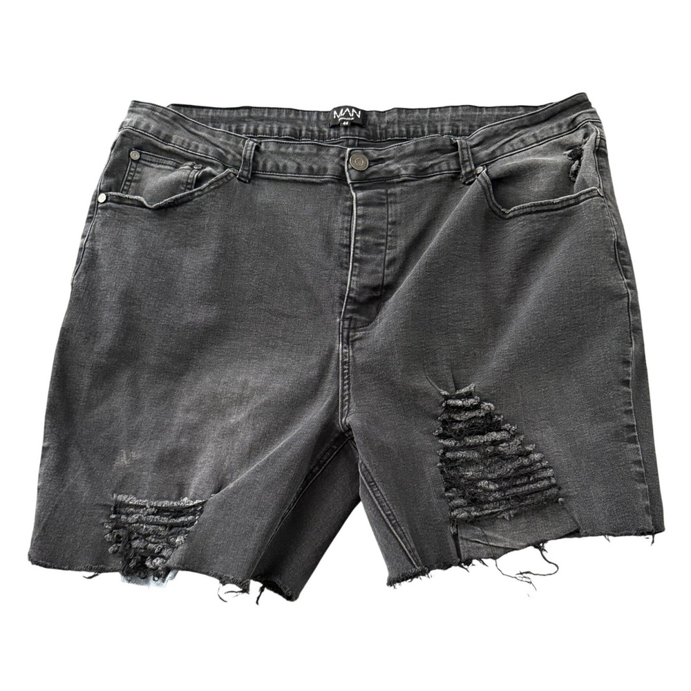 boohooMAN Mens 44 Distressed Black Denim Shorts Ripped Raw Hem Button Fly